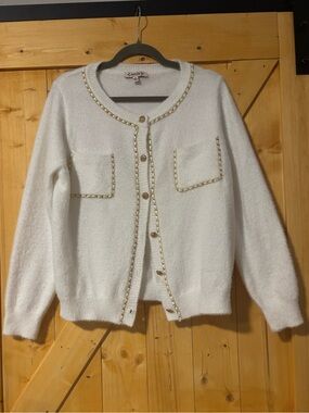 Nanette Lepore Cream Fuzzy Cardigan Sweater Gold Chain Trim Tweed Vibez XL⁠
